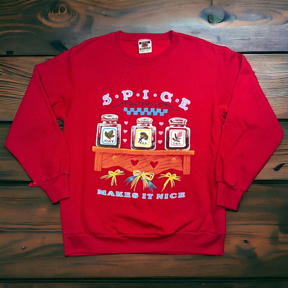 VINTAGE 90s Size M Granny Sweatshirt Cottagecore Red Willow Long Sleeve